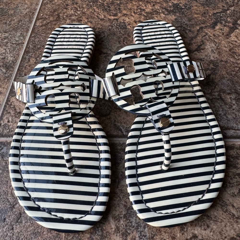 Tory Burch Miller Striped Patent Leather Logo Thong Sandals- Blue/White, 6.5M